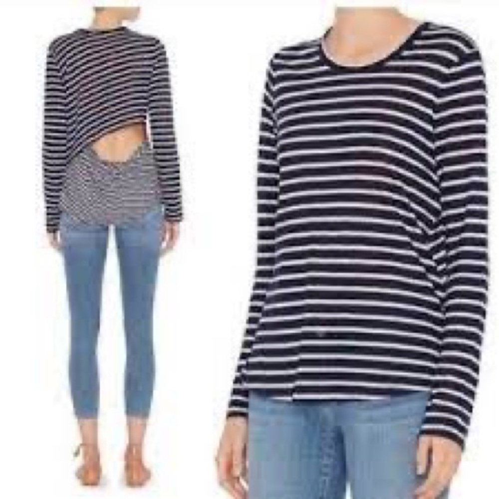 A.L.C. Black And White Striped Linen Open Back Tee
